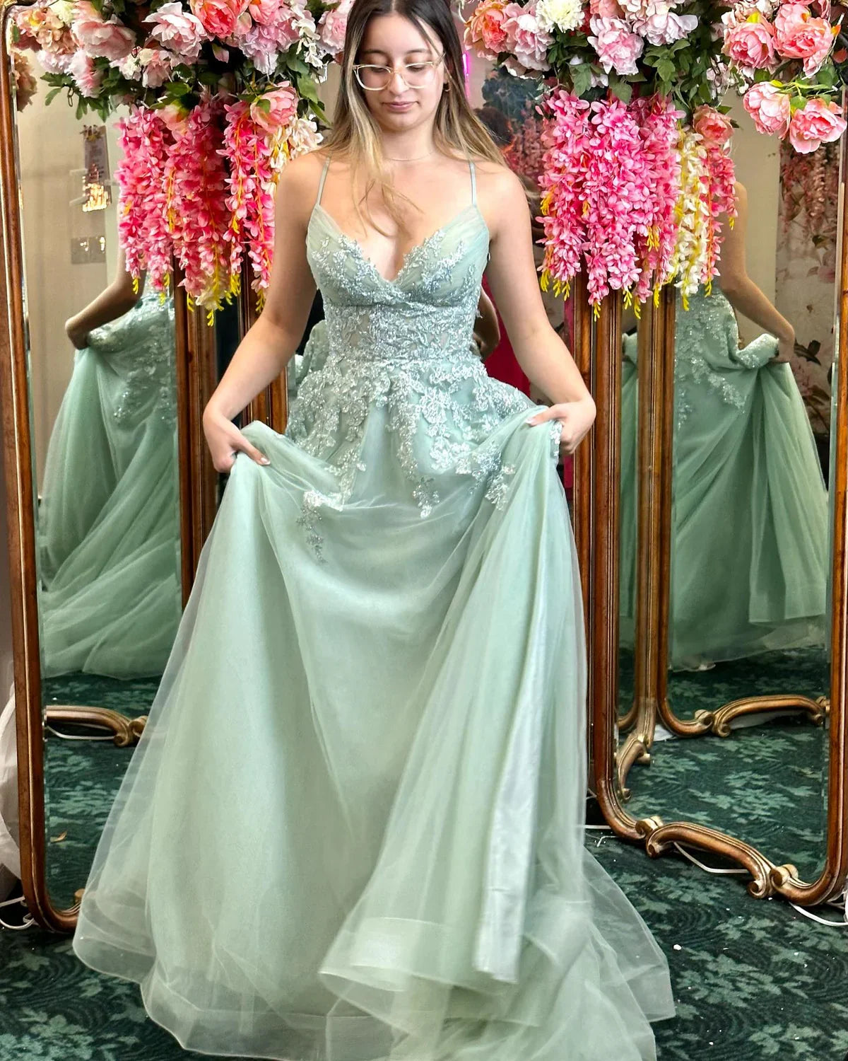 Spaghetti Straps Sage Green Appliques Tulle Backless Long Formal Dress Prom Dress Prom Dresses Stores