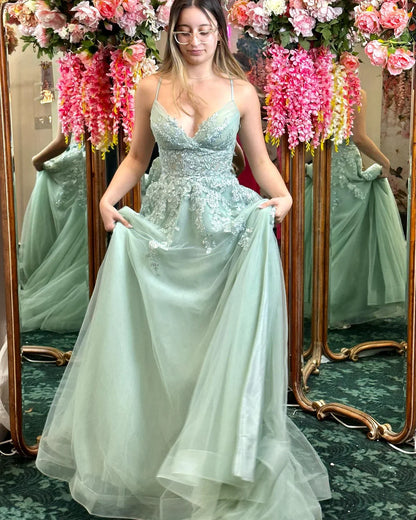 Spaghetti Straps Sage Green Appliques Tulle Backless Long Formal Dress Prom Dress Prom Dresses Stores