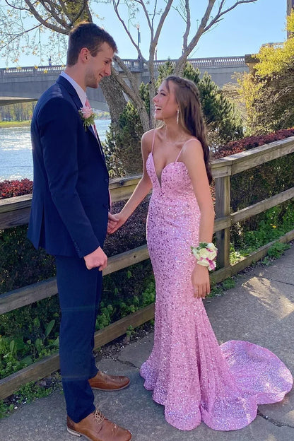 Spaghetti Straps Sparkling Pink Sequin Mermaid Long Sleeveless Formal Dress Prom Dress Prom Dresses Stores