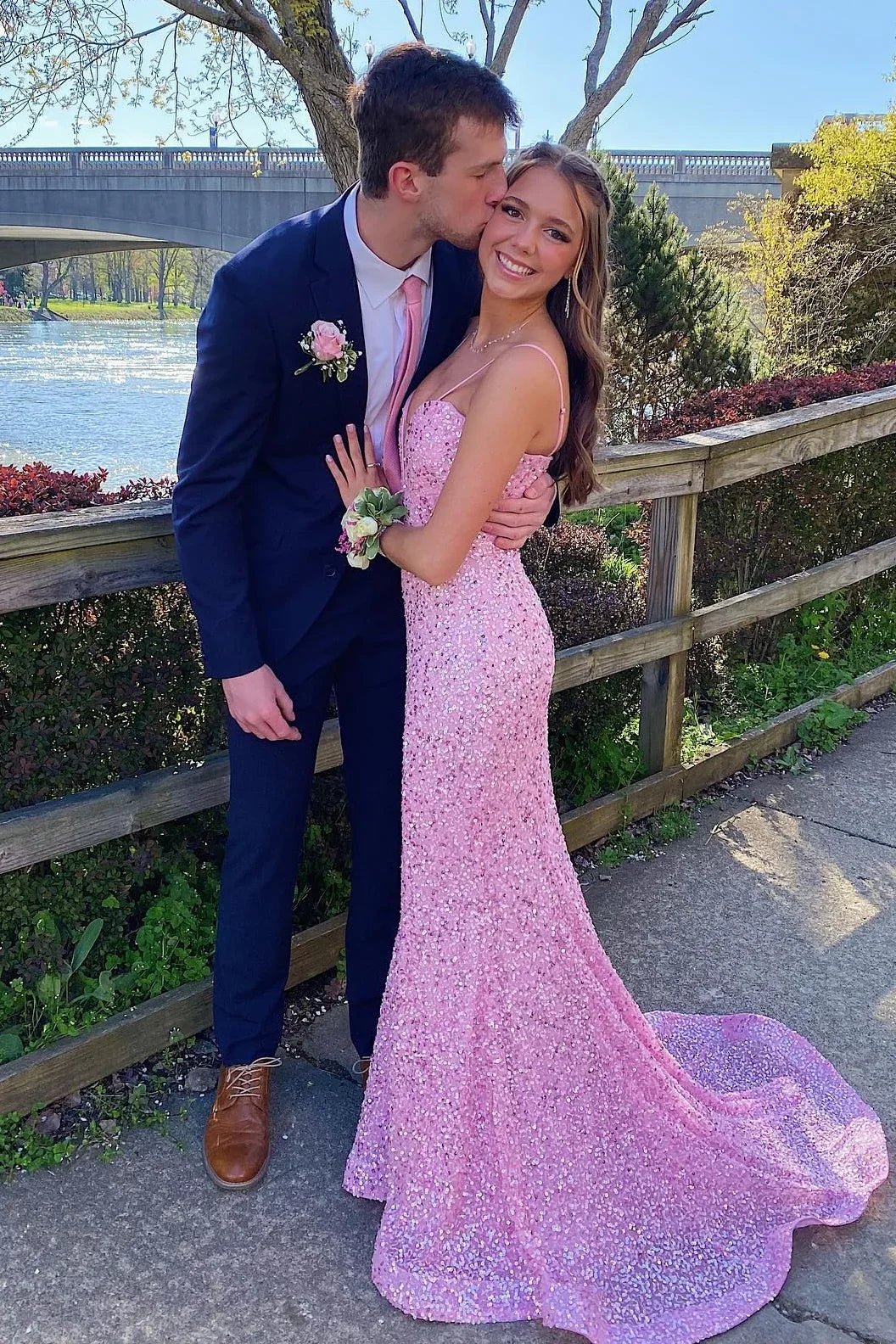 Spaghetti Straps Sparkling Pink Sequin Mermaid Long Sleeveless Formal Dress Prom Dress Prom Dresses Stores
