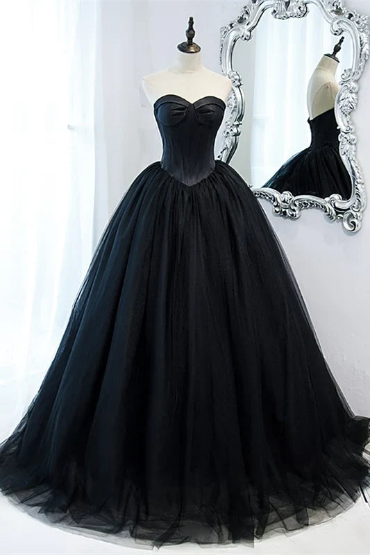 Strapless A-line Gorgeous Sweetheart Black Ball Gown Tulle Sleeveless Prom Dress Prom Dresses Stores ﻿
