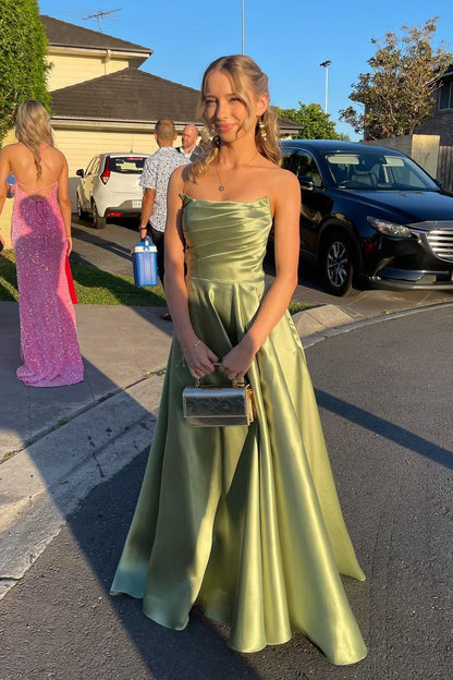 Strapless Sage Green Satin A-line Long Formal Gown Off-the-Shoulder Floor Length Prom Dress Prom Dresses Stores
