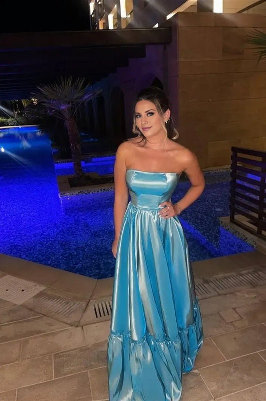 Stunning Bright Blue Satin Strapless Sleeveless A Line Evening Dress with Pleated Prom Dress