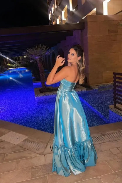 Stunning Bright Blue Satin Strapless Sleeveless A Line Evening Dress with Pleated Prom Dress