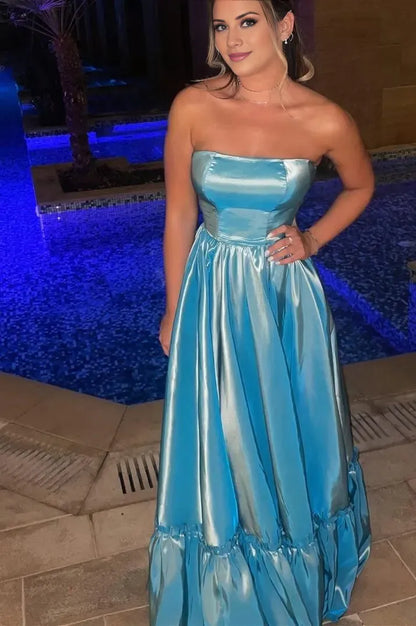 Stunning Bright Blue Satin Strapless Sleeveless A Line Evening Dress with Pleated Prom Dress