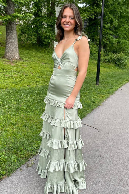 V Neck Knotted Sage Ruffles Backless Tiered Maxi Dress Floor Length Prom Dress Prom Dresses Stores