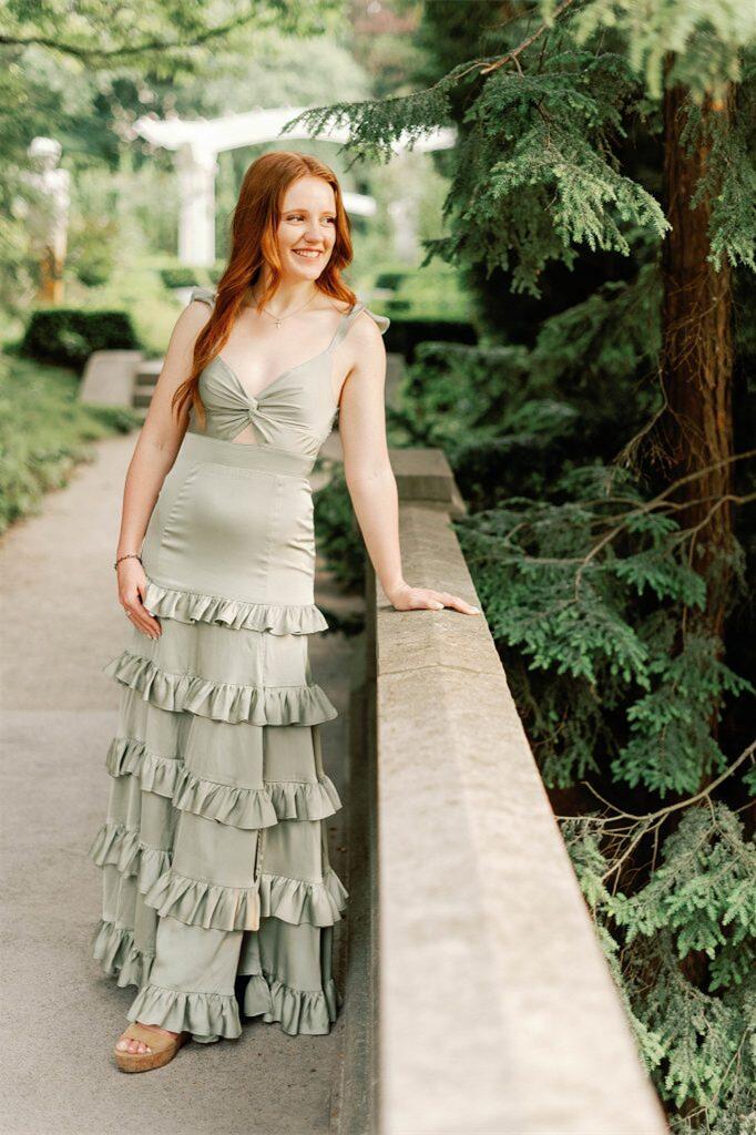 V Neck Knotted Sage Ruffles Backless Tiered Maxi Dress Floor Length Prom Dress Prom Dresses Stores