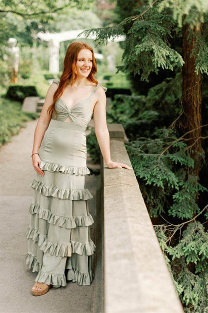 V Neck Knotted Sage Ruffles Backless Tiered Maxi Dress Floor Length Prom Dress Prom Dresses Stores
