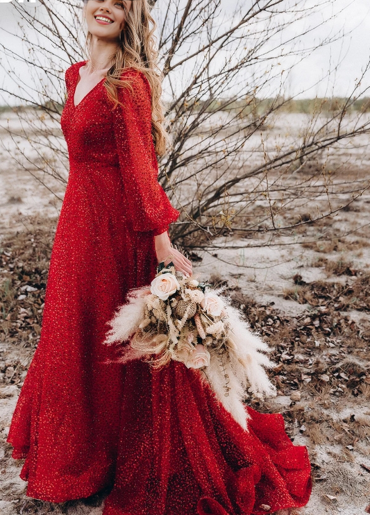 V Neck Red Wedding Dress With Sequins Beads Bridal Gown Prom Dress Long Sleeves Mermaid