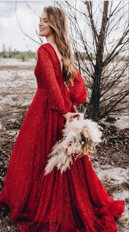 V Neck Red Wedding Dress With Sequins Beads Bridal Gown Prom Dress Long Sleeves Mermaid