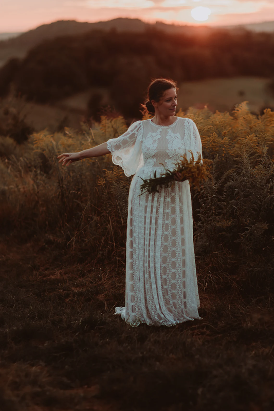 Wedding Dress Lace Wedding Elopement Dress Flutter Sleeve Floor Lengthround Neck Backless Lace Up Bride Dress