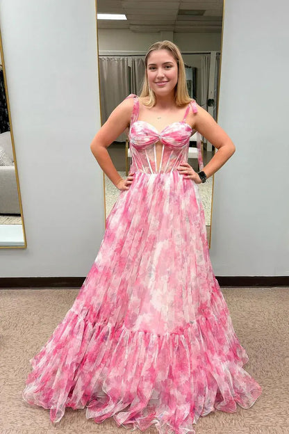 Dress Cute A Line Sweetheart Pink Printed Chiffon Long Prom Dresses