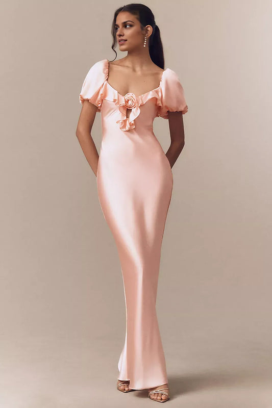 Dress Elegant Sheath Column Satin Puff-Sleeve Maxi Dress Prom Dress With 3D Flower