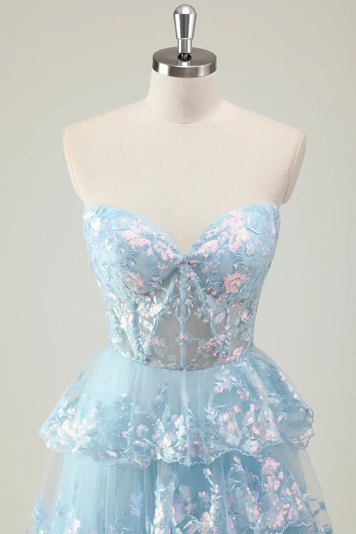 Dress Glitter Blue A Line Strapless Corset Tiered Maxi Dress Prom Dress With Sequin Evening Dress