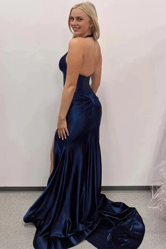 Dress Navy Blue Halter Mermaid Long Prom Dress with Slit