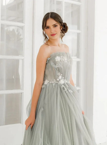 Dress Pretty A Line Strapless Appliques Grey Tulle Long Prom Dress Evening Dress Party Dress