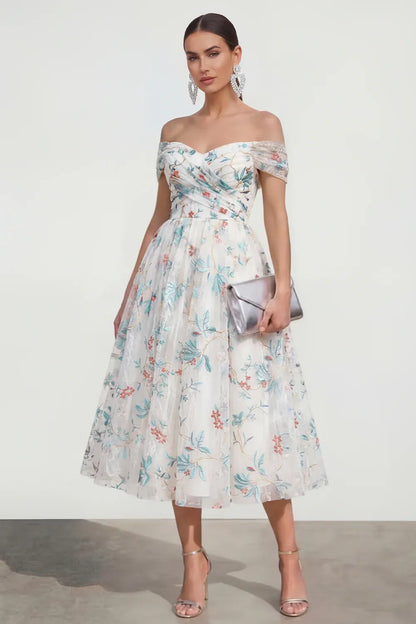 Whimsical A-Line Off Shoulder Short Sleeve Floral Tulle Midi Cocktail Dress