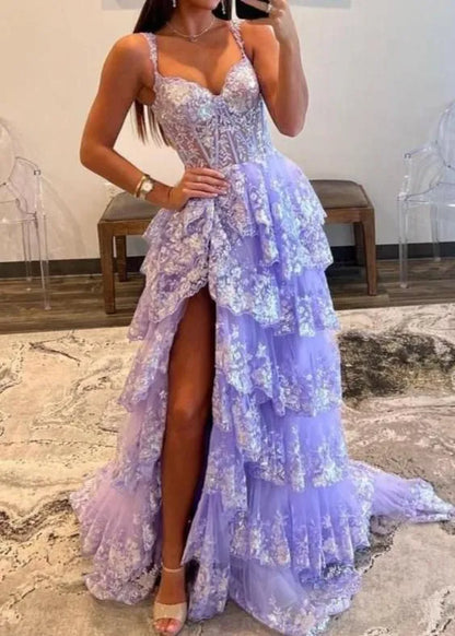 Whimsical A-Line Off-the-Shoulder Sweetheart Lace-Up Corset Tiered Sequin Tulle Floor-Length Evening Gown