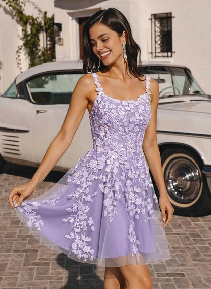Whimsical A-Line Spaghetti Strap Scoop Neck Floral Appliqué Tulle Mini Homecoming Dress