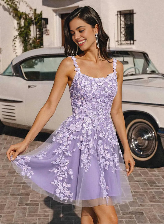 Whimsical A-Line Spaghetti Strap Scoop Neck Floral Appliqué Tulle Mini Homecoming Dress