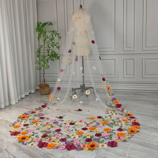 Whimsical Floral Applique Tulle Cathedral Wedding Veil