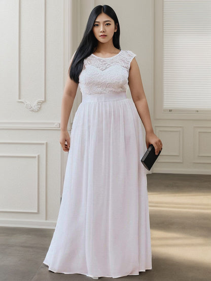 Plus Size Classic Round Neck V Back A-Line Chiffon Bridesmaid Dresses with Lace