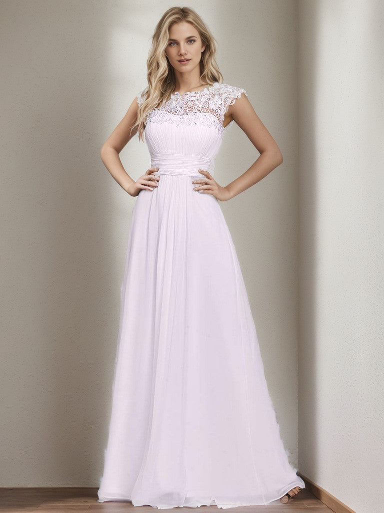 Classic Maxi Long Lace Cap Sleeve Bridesmaid Dress