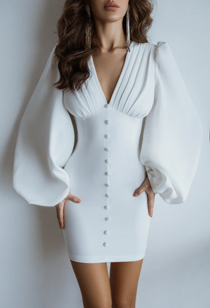 White Backless Puff Long Sleeve Mini Short Party Dress A-line V Neck Homecoming Dress