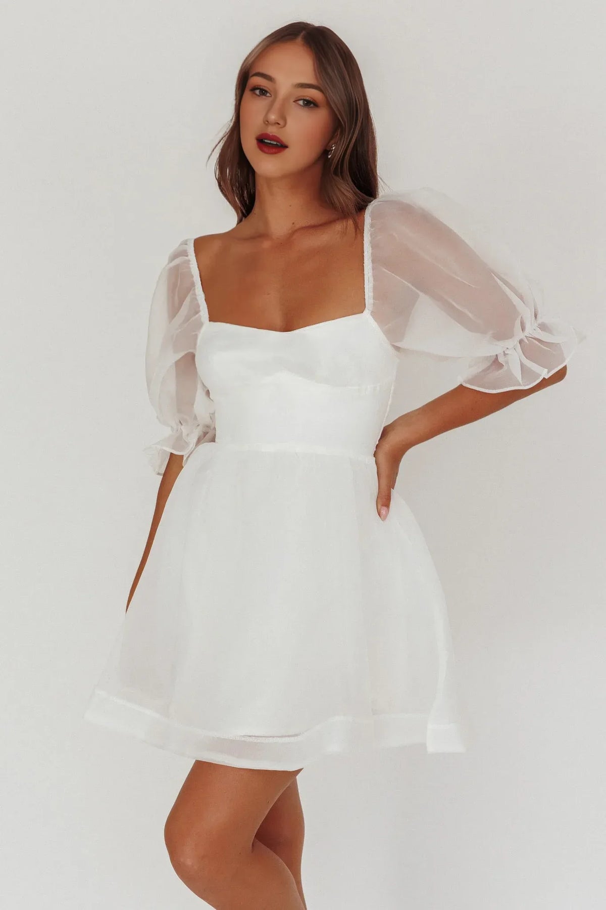 Dress Chic Pale Pink Organza Mini Dress Sweetheart Neck Puff Sleeves With Ruffle Cuffs And Cinched Waist Homecoming Dress