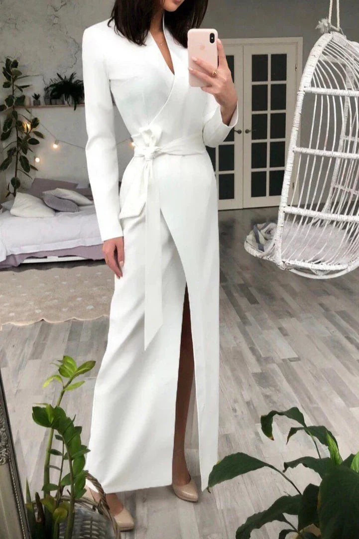 White Wrap Long Sleeve Party Dress V Neck Chic Slit Prom Dress Navy Wrap Long Sleeve Party Dress