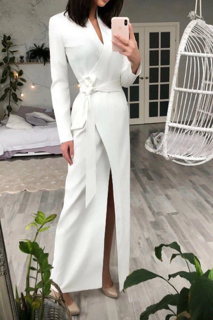 White Wrap Long Sleeve Party Dress V Neck Chic Slit Prom Dress Navy Wrap Long Sleeve Party Dress