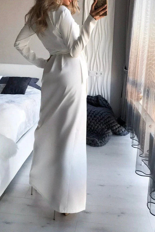 White Wrap Long Sleeve Party Dress V Neck Chic Slit Prom Dress Navy Wrap Long Sleeve Party Dress