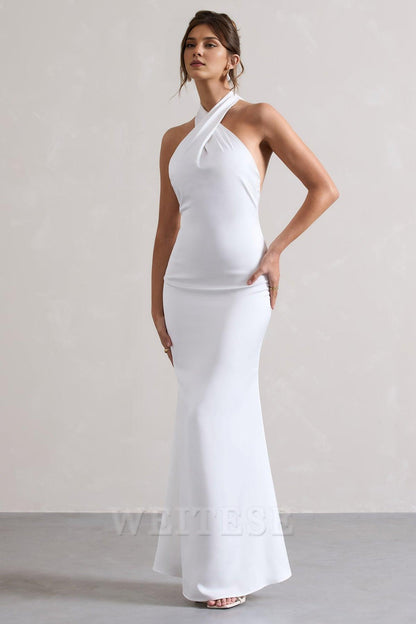 Dress Mint Green Satin Cross Over Halter-Neck Maxi Dress Prom Dress Low Backless Sleeveless Floor Length Bridesmaid Dress