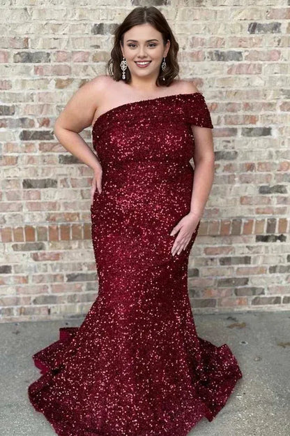 Wine Red Sequin Off-the-Shoulder Mermaid Long Formal Prom Dress