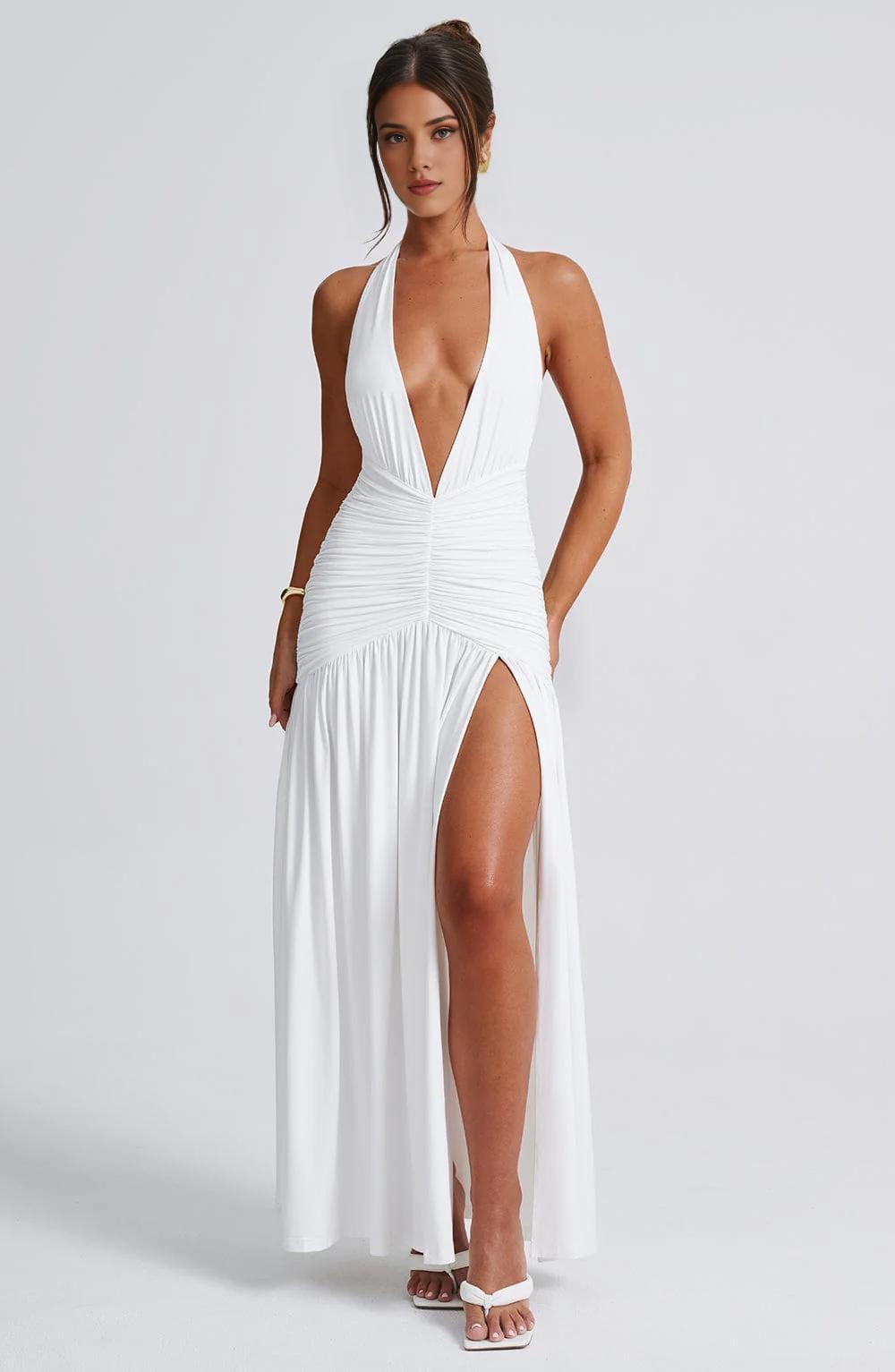 Women Deep V Neck Backless Maxi Dress Solid Sleeveless Thigh High Split Long Prom Dress/Formal Wear Dresses