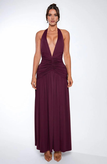 Women Deep V Neck Backless Maxi Dress Solid Sleeveless Thigh High Split Long Prom Dress/Formal Wear Dresses