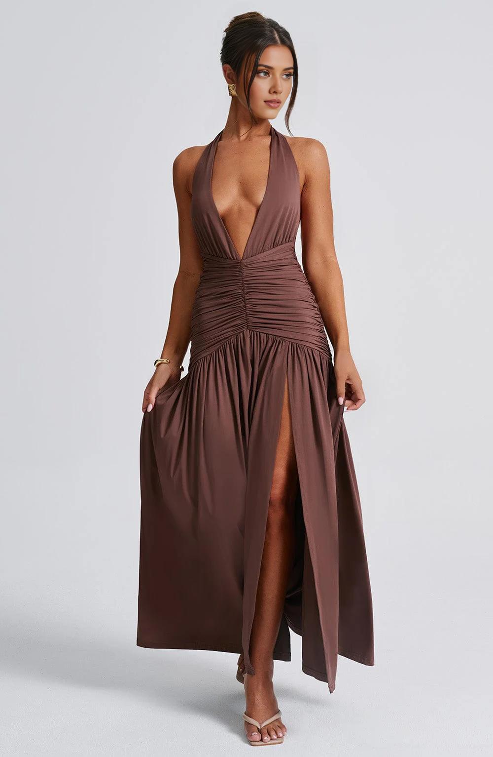 Women Deep V Neck Backless Maxi Dress Solid Sleeveless Thigh High Split Long Prom Dress/Formal Wear Dresses