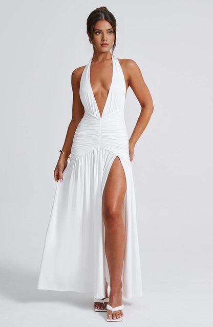 Women Deep V Neck Backless Maxi Dress Solid Sleeveless Thigh High Split Long Prom Dress/Formal Wear Dresses