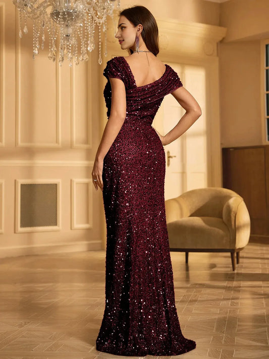 Women’s One Shoulder Sleeveless Floor-Length Glitter Sequin Formal Evening Dress Cocktail Dresses