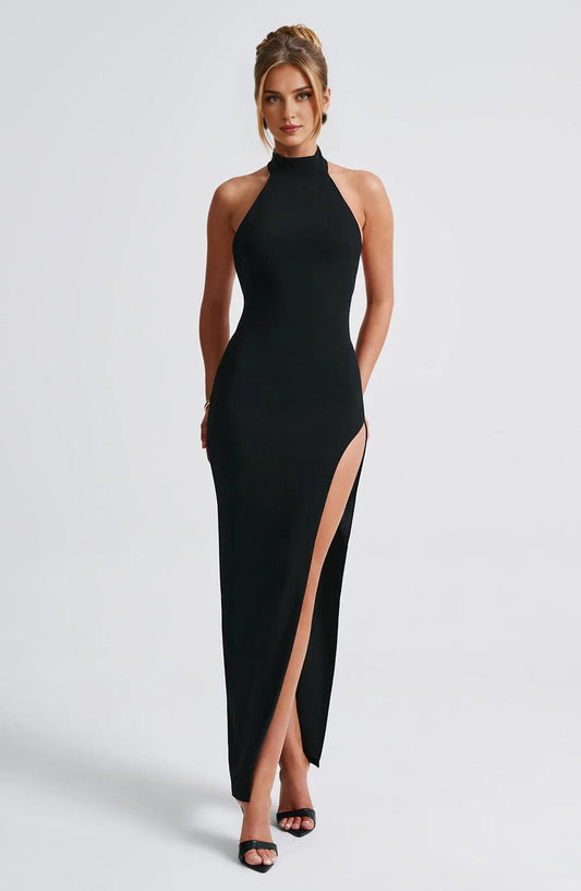 Women's Simple Halter Black Sleeveless Maxi Length Side Hight Slit Prom Gown