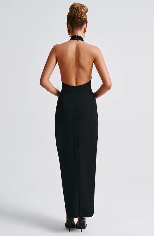 Women's Simple Halter Black Sleeveless Maxi Length Side Hight Slit Prom Gown