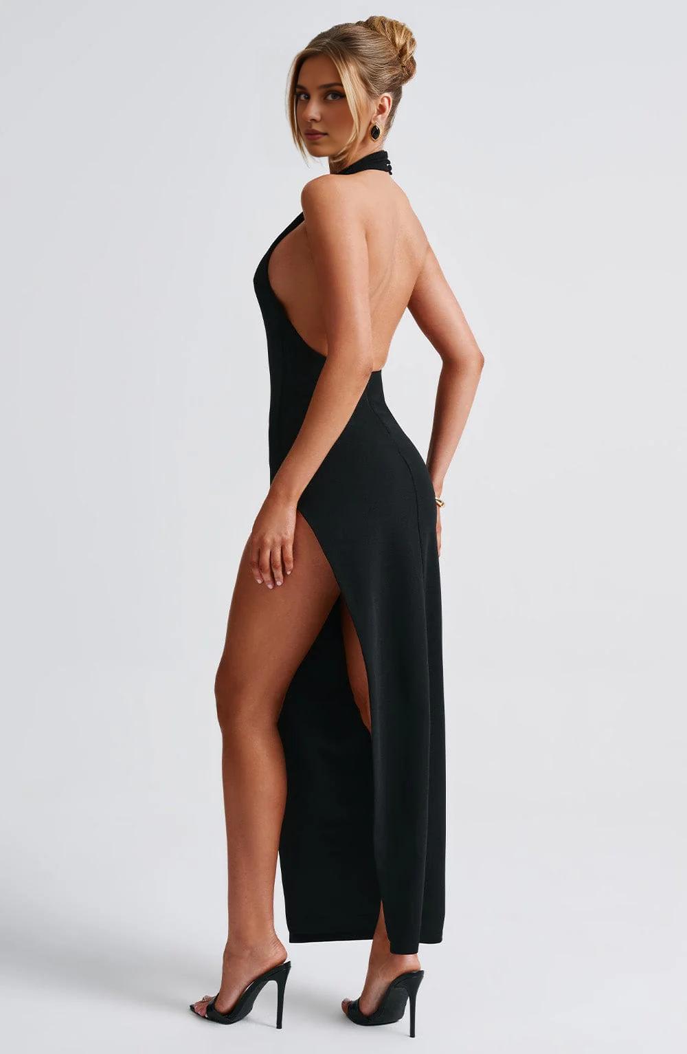Women's Simple Halter Black Sleeveless Maxi Length Side Hight Slit Prom Gown