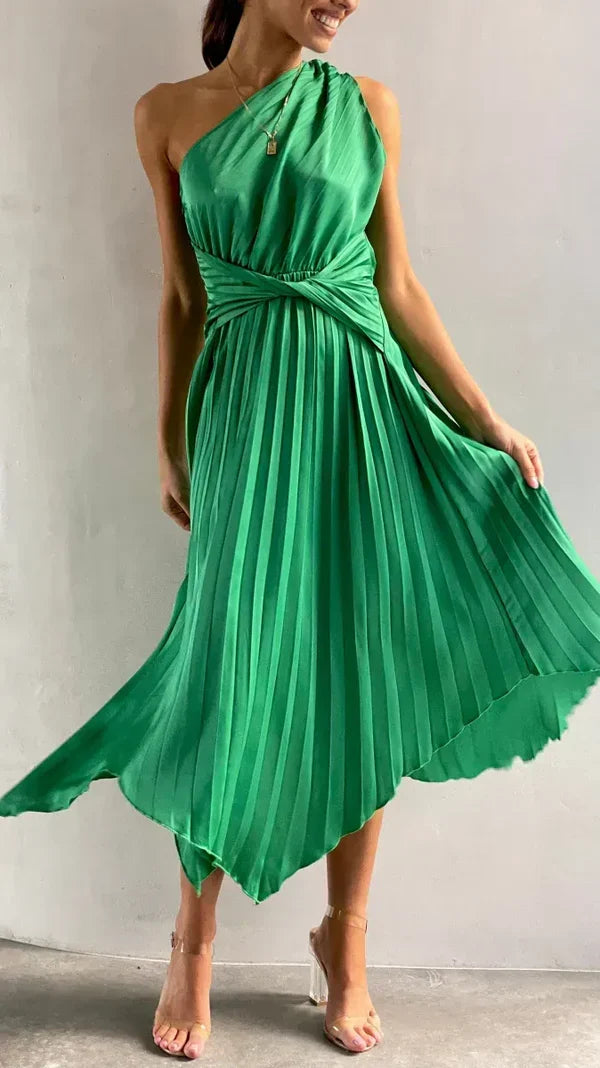 Women's Sleeveless Asymetrical Neck One Shoulder Pleated Dress Twist Waist Midi Length Party Evening Dress Elegant Dresses
