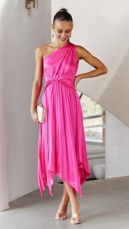 Women's Sleeveless Asymetrical Neck One Shoulder Pleated Dress Twist Waist Midi Length Party Evening Dress Elegant Dresses