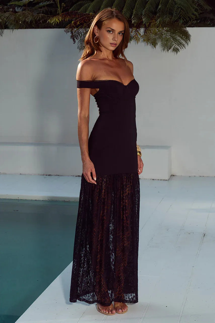 Wonderful Sheath/Column Off The Shoulder Sleeveless Lace Backless Floor-Length Prom Dress