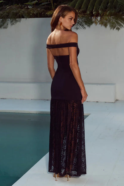 Wonderful Sheath/Column Off The Shoulder Sleeveless Lace Backless Floor-Length Prom Dress