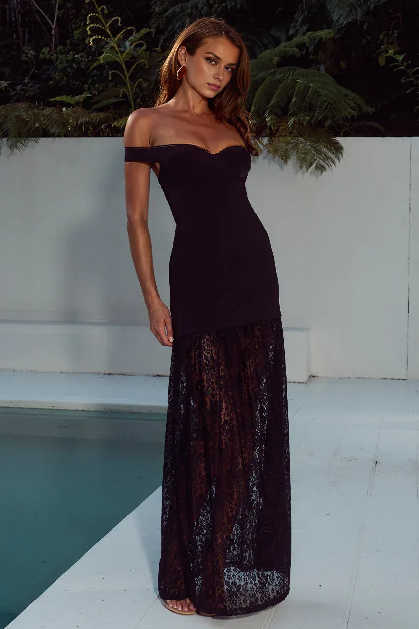 Wonderful Sheath/Column Off The Shoulder Sleeveless Lace Backless Floor-Length Prom Dress