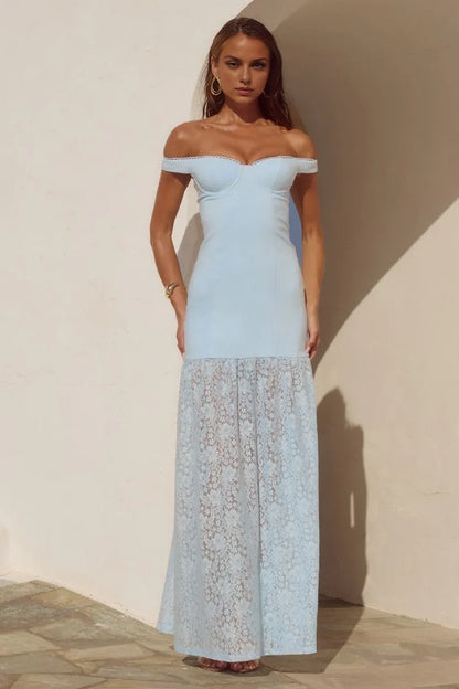 Wonderful Sheath/Column Off The Shoulder Sleeveless Lace Backless Floor-Length Prom Dress