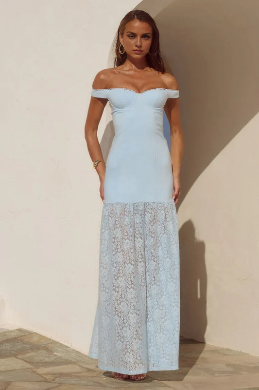 Wonderful Sheath/Column Off The Shoulder Sleeveless Lace Backless Floor-Length Prom Dress