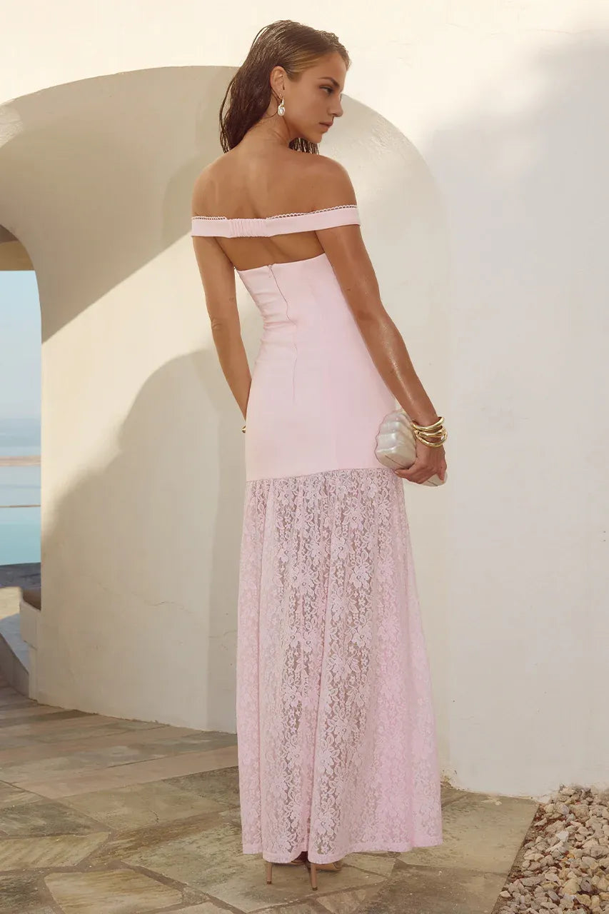 Wonderful Sheath/Column Off The Shoulder Sleeveless Lace Backless Floor-Length Prom Dress